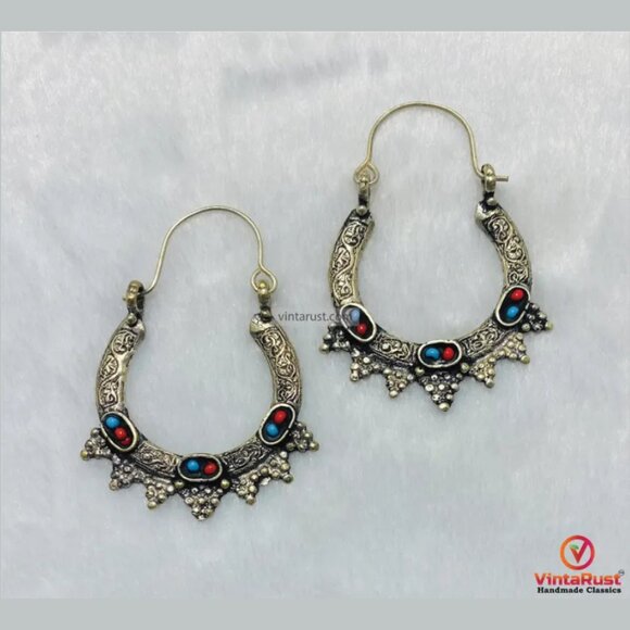 Silver Antique Hoop Earrings: Handmade Statement Boho Jewelry - Picture 5 of 5